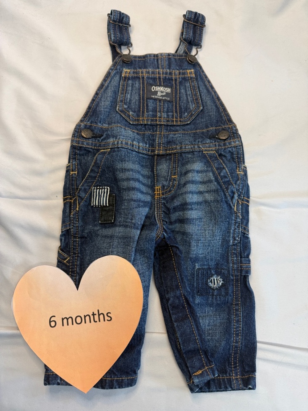 OshKosh B'gosh - Denim/Jean Baby overalls with patch design. Size 6 mo